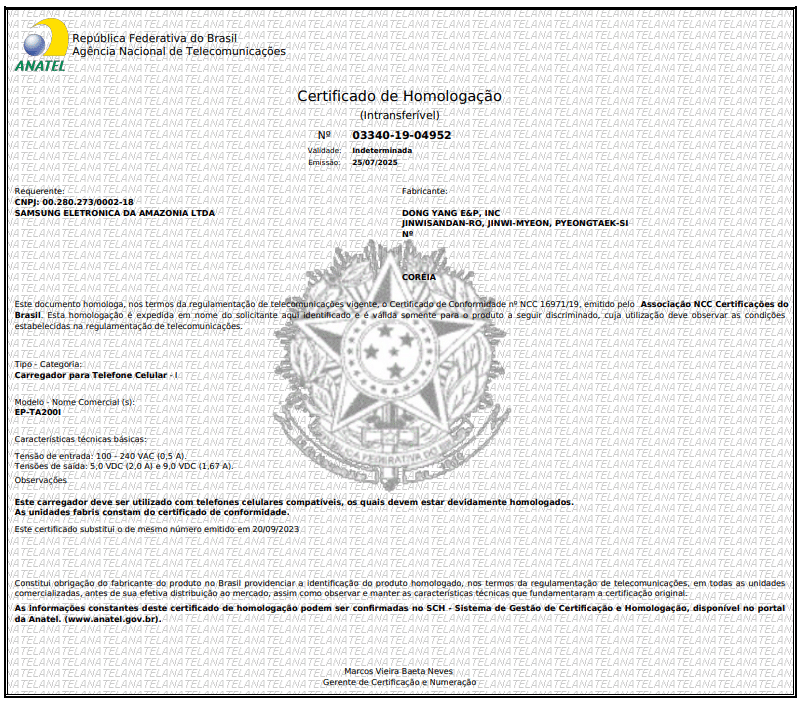 Certificado de Homologação emitido pela Anatel, referente a um carregador da marca Samsung, modelo EP-TA2001