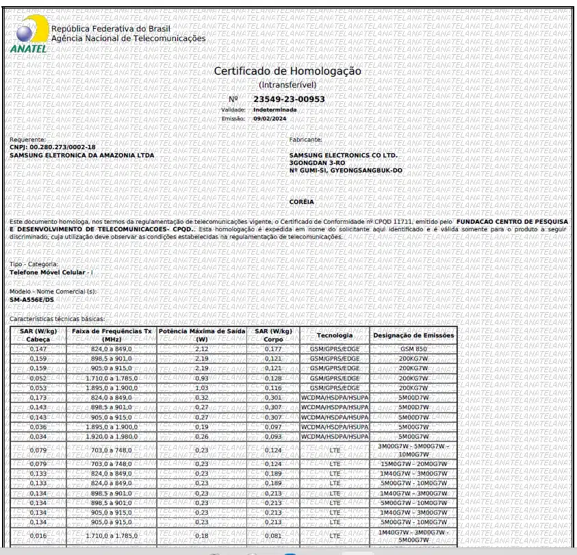 Certificado de Homologação emitido pela Anatel, referente ao celular da marca Samsung, modelo A55