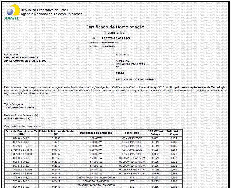 Certificado de Homologação emitido pela Anatel, referente a um celular iPhone 13