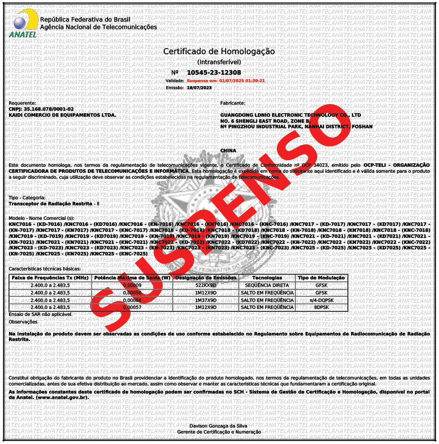 Certificado de Homologação emitido pela Anatel, referente a um fone de ouvido da marca Kaidi. Certificado sob número 10545-23-12308, com situação suspensa.