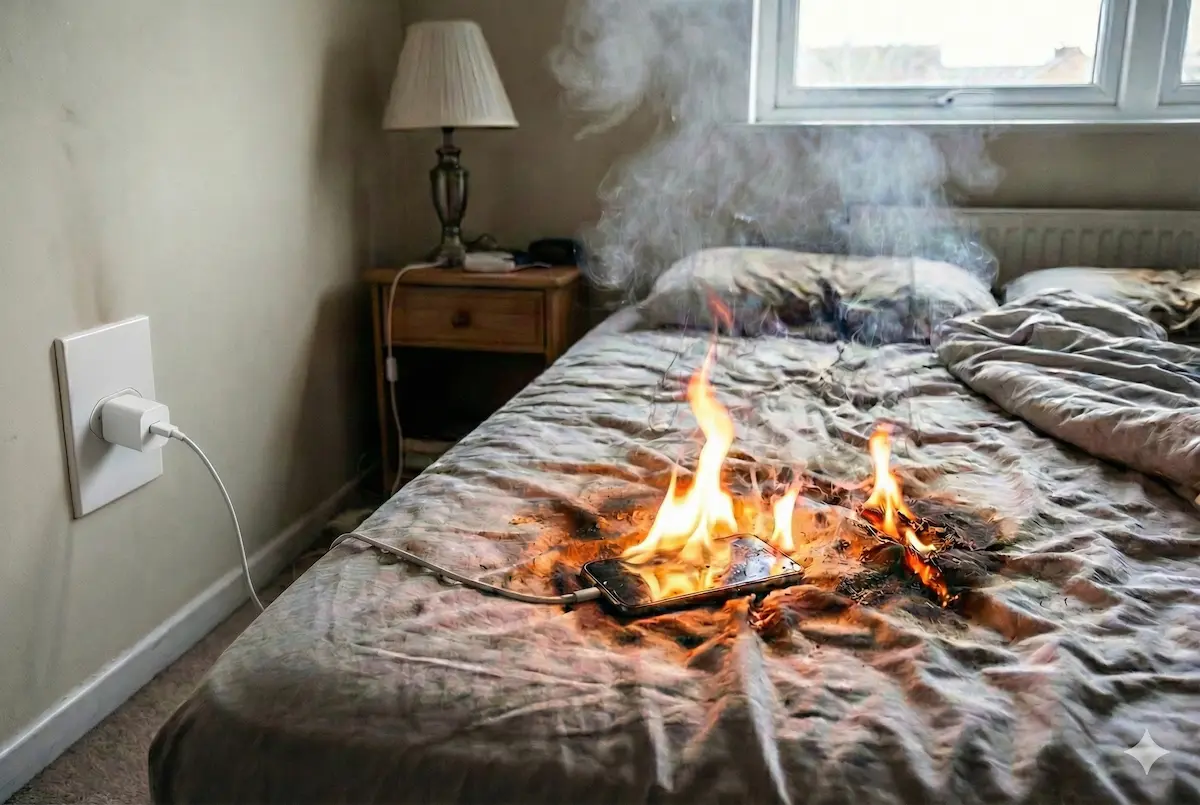 Imagem ilustrativa de um princípio de incêndio, causado por um carregador genérico, após celular permanecer carregando sobre a cama.