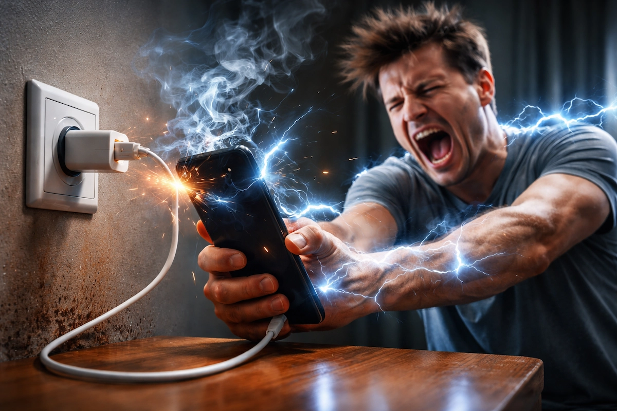 Imagem ilustrativa de um homem sofrendo um choque elétrico, após utilizar o celular conectado a um carregador genérico.